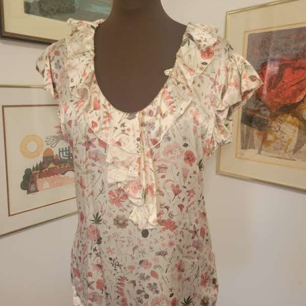 Aglini Luxury 100% Silk Floral Ruffle Blouse with Side Zipper XL
